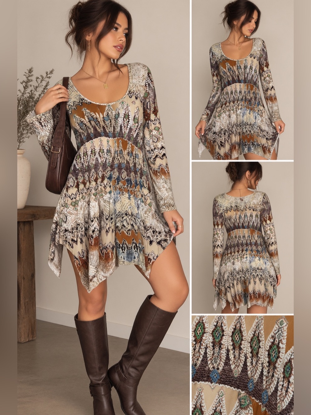 Cristina Y2K Boho Printed Long Sleeve Tunic Mini Dress Size L